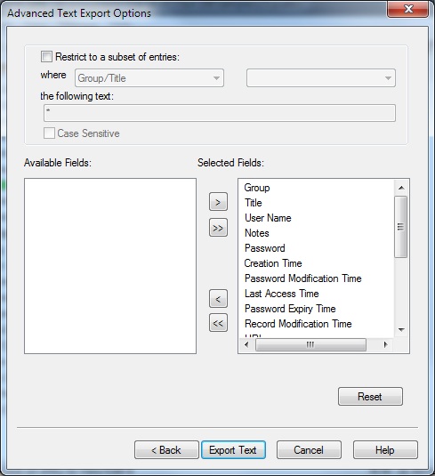 Advanced Text Export dialog box